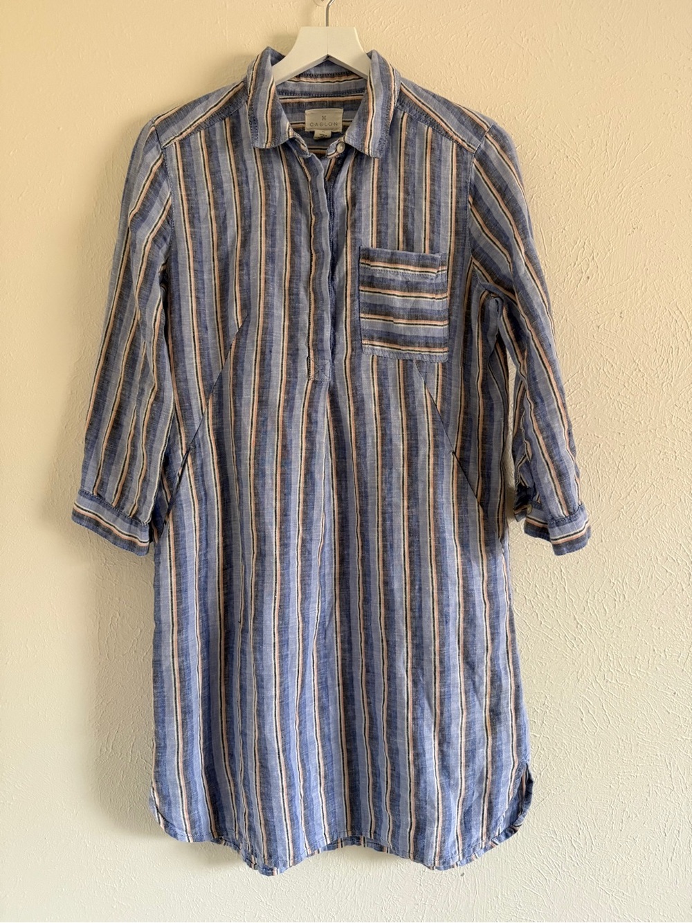 Caslon Nordstrom 100% Linen Striped Collared Dress Blue Size XS Pockets Travel